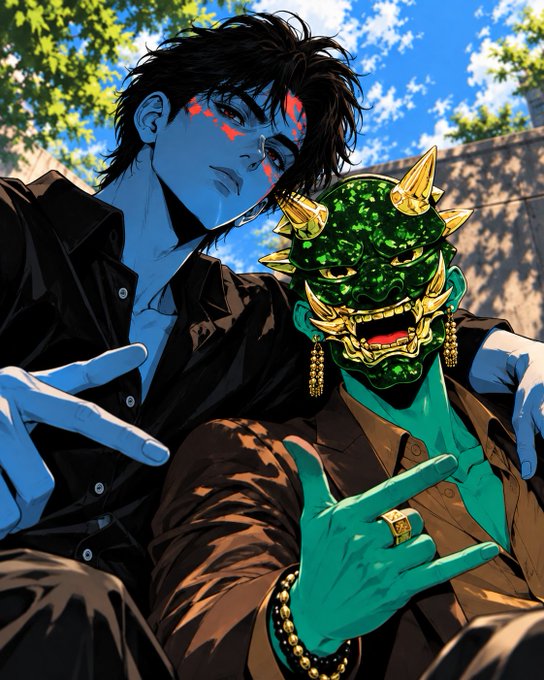 An anime-style digital illustration featuring a blue-skinned character with red markings alongside a green-skinned figure wearing an ornate green and gold mask with horns.