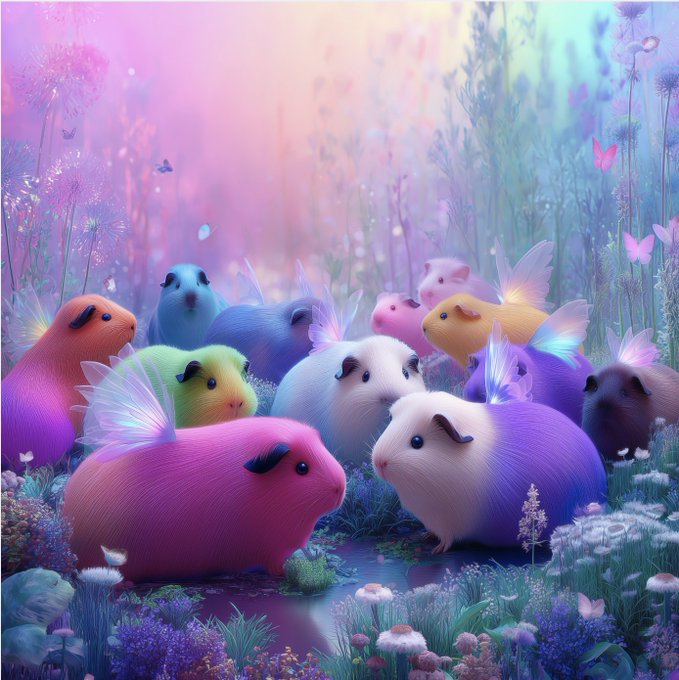 The image features a group of colorful guinea pigs standing together in a field, surrounded by flowers and plants. The guinea pigs are of various colors including pink, blue, yellow, and purple. They appear to be enjoying their time outdoors, possibly grazing on the grass or exploring the area. The post is titled "I have just collected" and includes an artist's watermark that reads "@skyarina_".