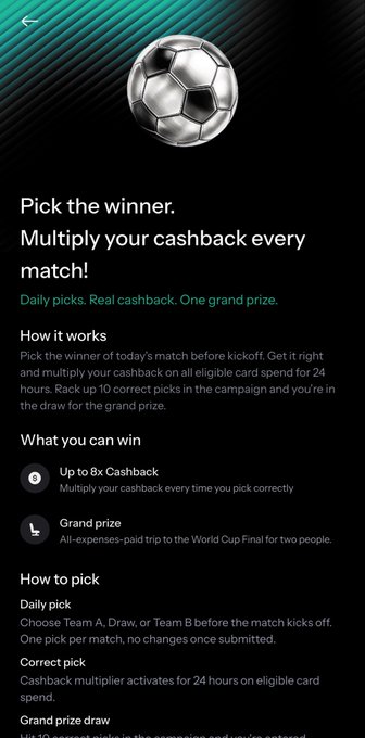A promotional screen from KAST featuring a soccer ball and text explaining their World Cup prediction game, offering "Up to 8x Cashback" and a "Grand prize" trip to the World Cup Final. The "Pick the winner" challenge details how users can multiply their cashback by correctly predicting match outcomes, aligning with the post's mention of 5x and 8x cashback multipliers during the semifinals and finals.