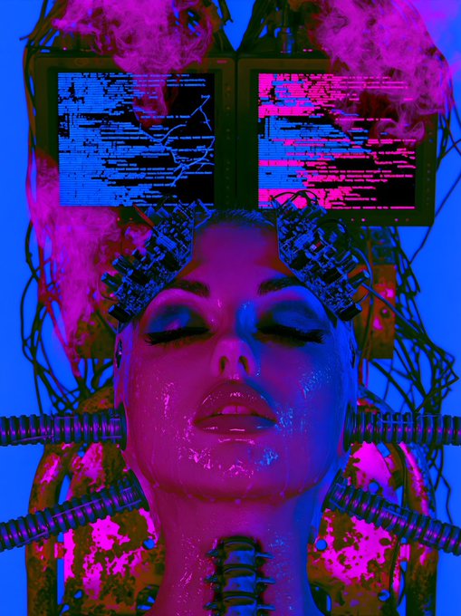 A vibrant cyberpunk-style illustration of a woman's face with closed eyes, overlaid with glitchy digital effects, circuitry, and screen-like elements in pink, blue, and green.