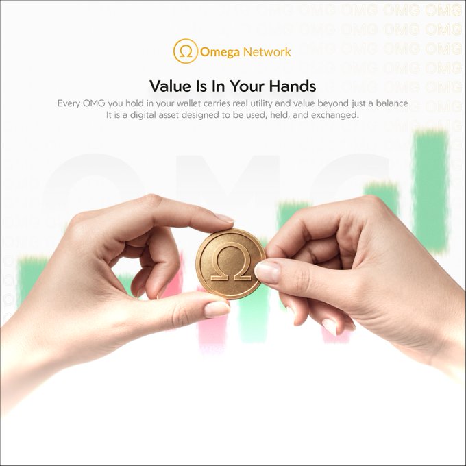 Two hands carefully pass a gold coin engraved with the Omega Network (OMG) "Ω" logo against a backdrop of colorful bar charts, under the heading "Value Is In Your Hands," which emphasizes that OMG's worth lies in its real utility and ecosystem rather than just a wallet balance—reinforcing the post's message about building a foundational digital ecosystem beyond mining.