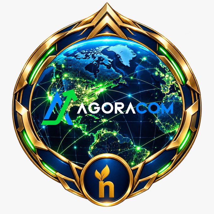 An ornate, circular golden and blue emblem features a glowing globe with city lights, surrounded by the text 'AGORACOM' and a stylized 'h' logo at the bottom.