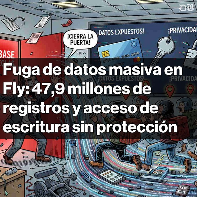 An illustrated scene depicts a chaotic data breach at Fly, with panicked workers and a man shouting "¡CIERRA LA PUERTA!" as sensitive data streams out, accompanied by Spanish text reading "DATOS EXPUESTOS!" and "¡PRIVACIDAD!" The overlaid headline reads "Fuga de datos masiva en Fly: 47,9 millones de registros y acceso de escritura sin protección," highlighting the massive leak of 47.9 million records exposing personal data like names, addresses, plain-text passwords, and GPS coordinates being sold by a threat actor.