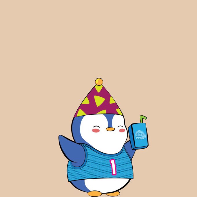 A cheerful cartoon penguin wearing a yellow-polka-dot party hat and a blue jersey with the number "1" holds a juice box, with the "1" serving as a playful nod to the "NFTs" theme by referencing the singular, unique nature of non-fungible tokens.