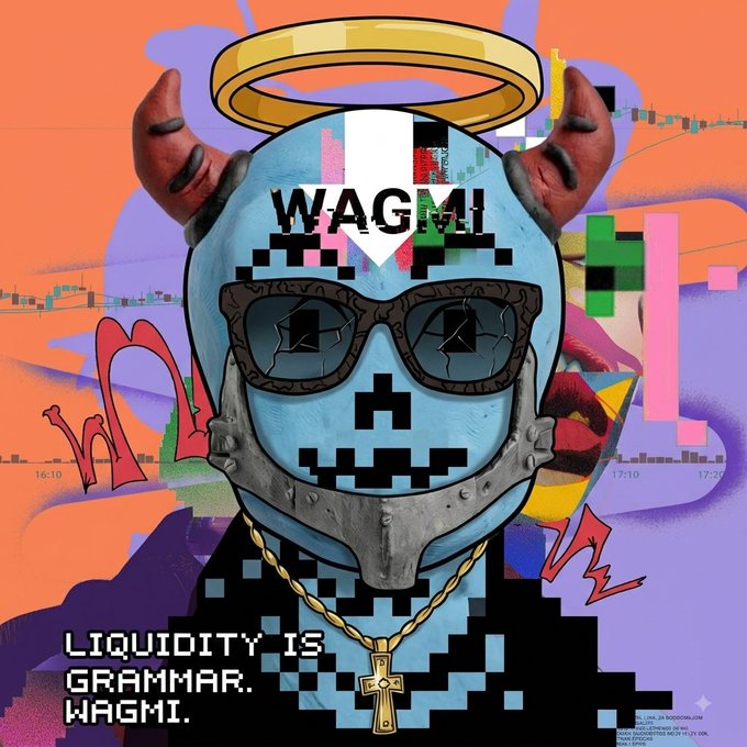 A stylized digital artwork featuring a horned figure with pixelated sunglasses, a golden halo, and a cross necklace, with 'WAGMI' written on its forehead and 'LIQUIDITY IS GRAMMAR. WAGMI.' text in the corner.