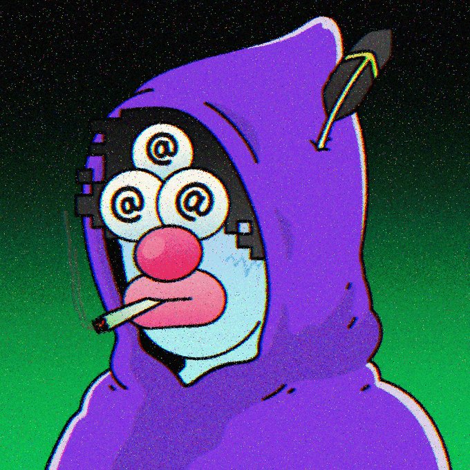 A digital illustration depicts a purple-hooded figure with a glitching face showing multiple eyes and the '@' symbol, smoking a cigarette, with a small dark fish icon attached to its hood against a dark background.