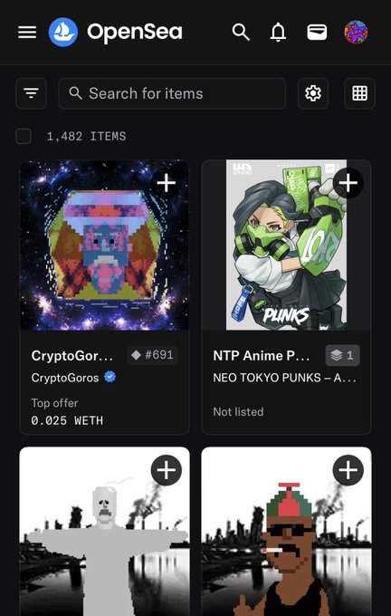 The image shows an OpenSea NFT marketplace displaying a collection called "CryptoGor..." (CryptoGoros) featuring pixelated gorilla artwork, with the visible top offer at 0.025 WETH for item #691, aligning with the post's desire to acquire a "Goro."
