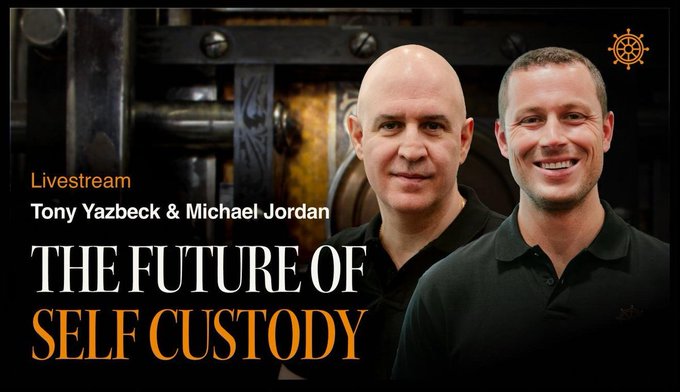Promotional banner for a livestream titled "The Future of Self-Custody," featuring hosts Tony Yazbeck and Michael Jordan standing in front of a vault, with text highlighting a free webinar on topics like the Coldcard vulnerability and AI-powered attacks.