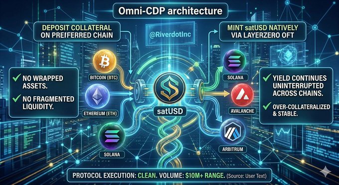 The main focus of this image is an infographic explaining the @RiverdotInc Omni-CDP architecture, which provides detailed information about different aspects of their Cryptocurrency. The architecture is represented through a network diagram that highlights various elements such as deposit collaterals, Mint satUSD natively on other chains, and the preferred chain for deposit collaterals. This particular infographic also mentions that there are no wrapped assets and no fragmentation in terms of liquidity, which is important information to understand when investing or working with Cryptocurrency projects like @RiverdotInc.