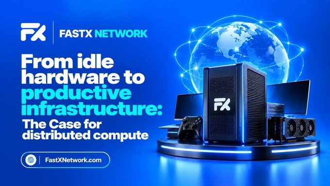 Promotional banner for 'FASTX NETWORK' with the tagline 'From idle hardware to productive infrastructure: The Case for distributed compute' and the website FastXNetwork.com.