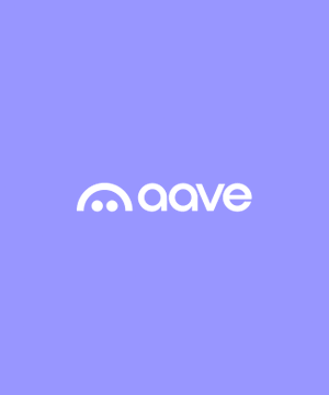 A minimalist logo on a solid purple background featuring a white icon of a curved arch over a dot, followed by the lowercase text 'aave'.