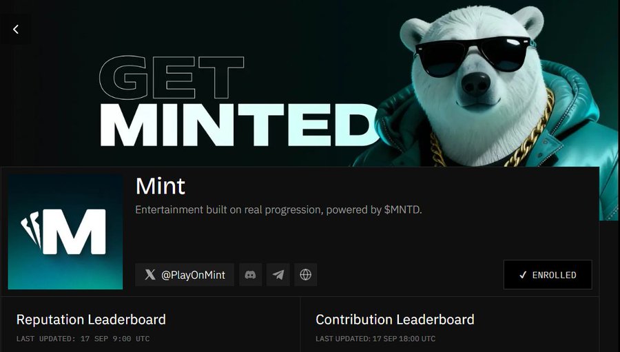 A promotional page for 'Mint' featuring a polar bear wearing sunglasses and a teal jacket with a gold chain, with text reading 'GET MINTED' and 'Entertainment built on real progression, powered by $MNTD,' along with leaderboards.