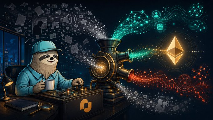 A sloth wearing a blue cap and shirt sips coffee while operating a complex filter machine, which separates a chaotic swirl of tweets, charts, and conflicting opinions into organized streams representing Ethereum (ETH), data analytics, and network connections, symbolizing the process of sorting noise from signal when forming an investment thesis.