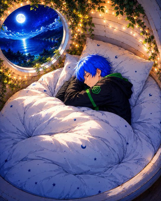 The image features a blue-haired boy sleeping peacefully inside a bed with white sheets, positioned near a window that offers a view of the ocean at night. The scene appears to be set during the day or nighttime, depending on the lighting conditions. The background is adorned with stars and lights, creating an enchanting atmosphere. The post seems to be promoting a new app called "My Refer Link" which encourages users to explore and participate in various challenges by rewarding them with mystery boxes.