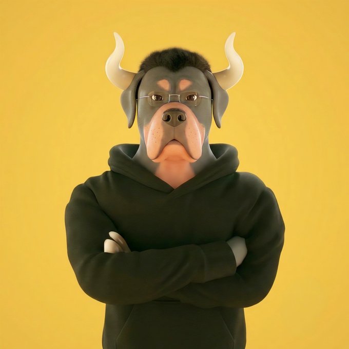A 3D-rendered anthropomorphic bull character wearing glasses and a black hoodie stands with its arms crossed against a solid yellow background.
