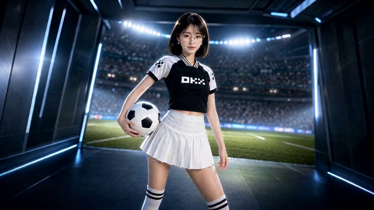 The image features a woman standing in front of a soccer stadium, holding a soccer ball. She appears to be posing for a photo or promotional material related to soccer. The background shows a large stadium filled with spectators, indicating that this could be an advertisement or promotional piece for a sports event.