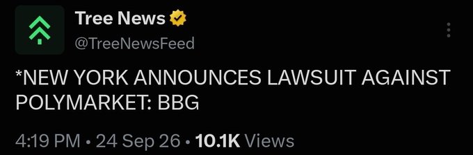 A screenshot of a Tree News tweet dated September 24, 2026, reporting "NEW YORK ANNOUNCES LAWSUIT AGAINST POLYMARKET: BBG" with 10.1K views, illustrating the regulatory pressure contributing to Polymarket's reported downfall.