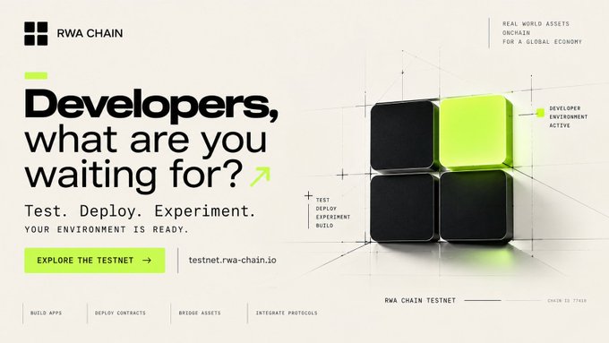 An advertisement for RWA Chain testnet invites developers to 'Test. Deploy. Experiment' at testnet.rwa-chain.io, featuring black and green 3D cubes.