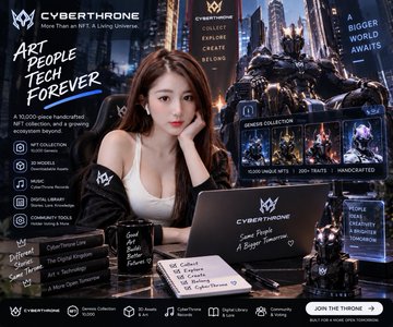 Advertisement for Cyberthrone featuring a woman on a laptop with the tagline 'Art Tech Forever' and 'A 10,000 world Handcrafted NFT collection.'