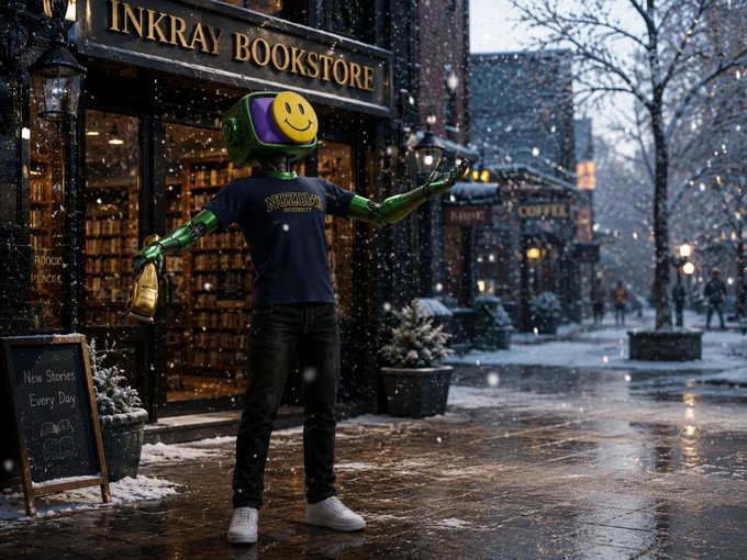 A figure with a green smiley-face helmet stands outside 'INKRAY BOOKSTORE' holding a book, with a chalkboard sign reading 'New Stories Every Day' as snow falls on the street.