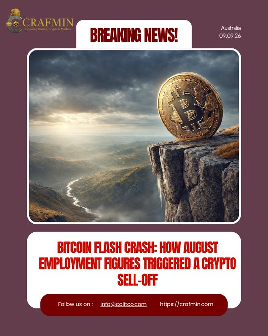 A 'Breaking News' graphic from Crafmin dated 'Australia 09.09.26' shows a Bitcoin coin on a cliff edge, with the headline 'BITCOIN FLASH CRASH: HOW AUGUST EMPLOYMENT FIGURES TRIGGERED A CRYPTO SELL-OFF'.