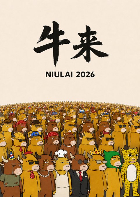 A promotional image for the "NIULAI 2026" collection features the bold Chinese characters "牛来" above a massive crowd of 10,000 uniquely styled cartoon cows, with the accompanying text detailing the 0.0005 ETH mint price for this 10k NFT set minted on the Ethereum mainnet.