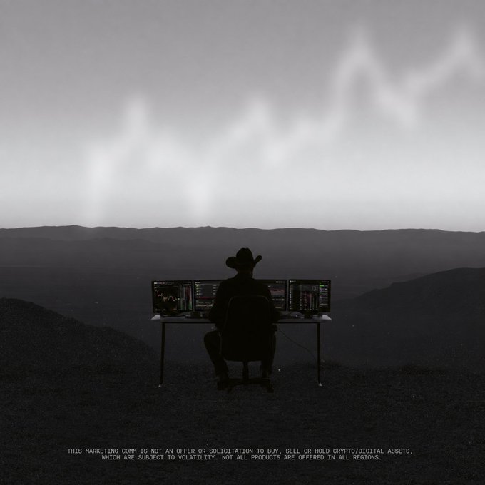 A silhouetted figure in a cowboy hat sits at a desk with multiple trading monitors overlooking a mountainous landscape under a dramatic sky, with disclaimer text about crypto/digital assets volatility.