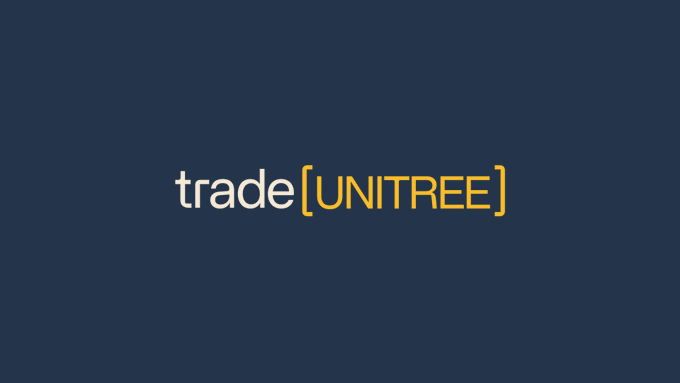 The image displays the "trade[UNITREE]" logo in white and yellow text on a dark navy background, representing the Unitree ticker available for onchain trading. This ties to the post's discussion about trading equities onchain, as Unitree—the robotics company behind notable humanoid robots like the one mentioned (Figure's laundry-folding robot)—can now be accessed as a tradable asset on decentralized platforms.