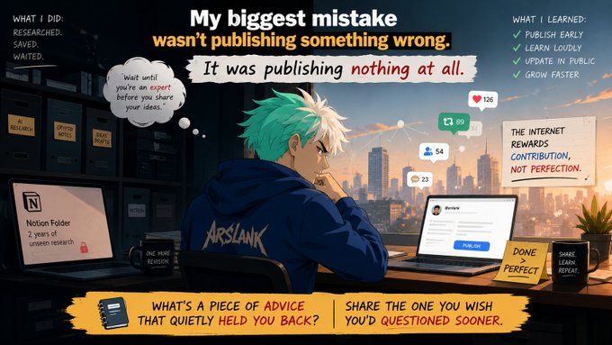 An anime-style illustration of a person working on a computer with text reading 'My biggest mistake wasn't publishing something wrong. It was publishing nothing at all,' along with sections labeled 'WHAT I DID' and 'WHAT I LEARNED'.