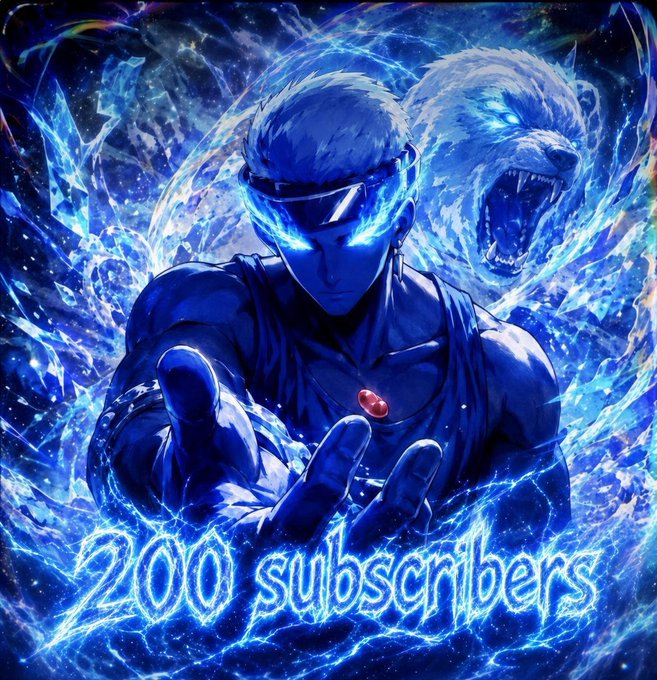 An anime-style digital illustration shows a blue-toned character with glowing eyes surrounded by blue flames alongside a roaring bear, celebrating '200 subscribers'.