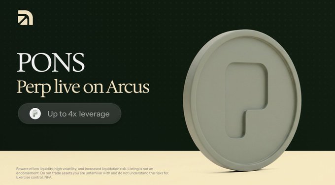 A promotional graphic on a dark green background features a large sage-colored "P" emblem and announces "$PONS Perp live on Arcus" with a badge highlighting "Up to 4x leverage," accompanied by a risk disclaimer at the bottom—directly corresponding to the announcement of $PONS perpetual futures launching on the Arcus platform.