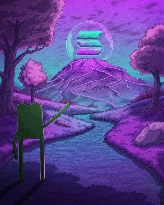 A green chair-like character points toward a glowing mountain beneath a large bubble displaying the Solana logo, set in a surreal purple landscape. The imagery playfully suggests that Solana memecoins are "different" by depicting the character choosing to venture toward the Solana ecosystem rather than follow the ordinary path, with the floating logo symbolizing the unique, otherworldly opportunity it represents.