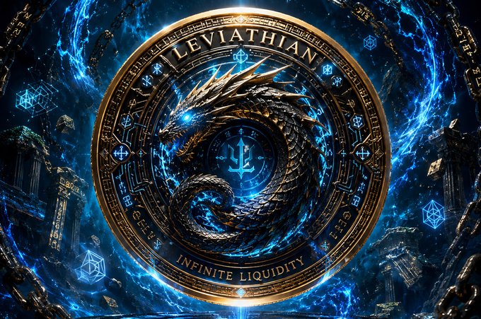 A dark, ornate circular emblem featuring a coiled dragon/serpent with glowing blue accents, displaying the text 'LEVIATHIAN' at the top and 'INFINITE LIQUIDITY' at the bottom, surrounded by mystical runic symbols.