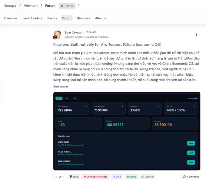 A forum post titled 'Flowlend Built natively for Arc Testnet (Circle Economic OS)' by user 'Bear Crypto' is shown, featuring a dashboard with metrics like 'Total Supplied 225.94876' and 'Total Borrowed 75.961486'.