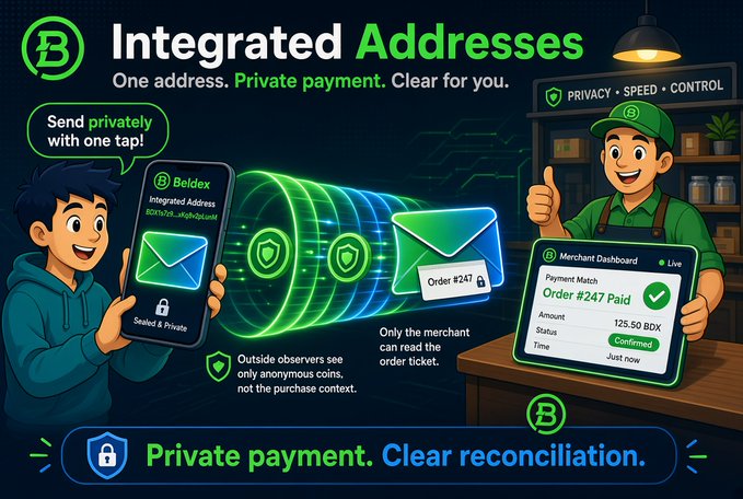 A promotional graphic for "Integrated Addresses" by Beldex, featuring cartoon characters, a phone interface, and text highlighting "Private payment" and "Clear reconciliation".
