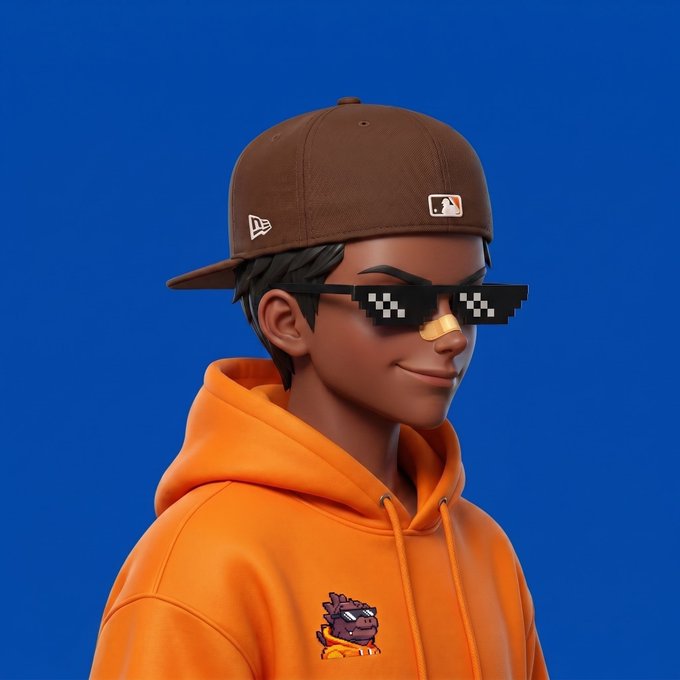 A stylized cartoon character wearing a brown New Era MLB cap, pixelated "deal with it" sunglasses, and an orange hoodie featuring a small monkey graphic, set against a bright blue background. The image pairs with the "Gm mfrs" (Good morning, motherfuckers) post as a stylish, meme-inspired greeting to start the day.