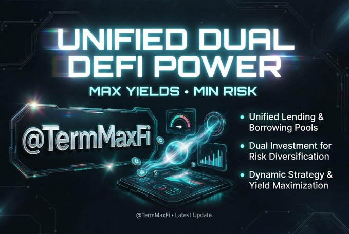 The image features a black background with white text that reads "Unified Dual Defi Power" at the top followed by "TermMaxFi's innovative approach to DeFi is redefining the dynamics of lending and borrowing pools". The main focus of the image is a phone, which has a green light on it. This phone represents the term MaxYields, an app that allows users to invest in yield pools directly from their phones.