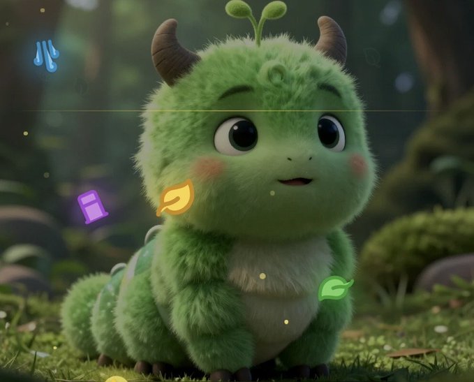 A cute green fluffy creature with small horns and a leaf sprout sits in a forest setting, surrounded by glowing icons including water droplets, a purple shape, and green symbols. The whimsical, nature-themed image ties to the "t.me/wormbull" channel by visually evoking the idea of a "bullish worm" emerging in a vibrant ecosystem.