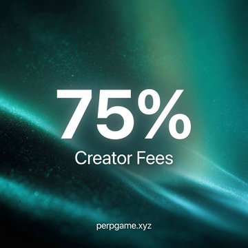 The image is a sleek, dark teal and green promotional graphic displaying bold white text that reads "75% Creator Fees" with "perpgame.xyz" featured at the bottom. The "75% Creator Fees" highlight visually supports the PerpGame announcement, emphasizing the platform's lucrative fee structure as a key selling point for creators launching AI Agent Memecoins on Robinhood Chain.