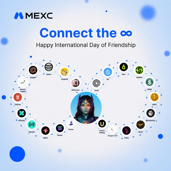 MEXC crypto exchange promotional graphic for International Day of Friendship, featuring an infinity symbol design connecting various cryptocurrency logos including Copper, Agtos, DogeOS, Sui, Kaia, USDGO, Atomic Wallet, Saffron, xStocks, Hacken, Spark, Solana, Phore, USDD, USDI, Blockworks, Solana, United Staking, Origens Tech, Chillz, WLFI, and Nobrainer around a central female character.