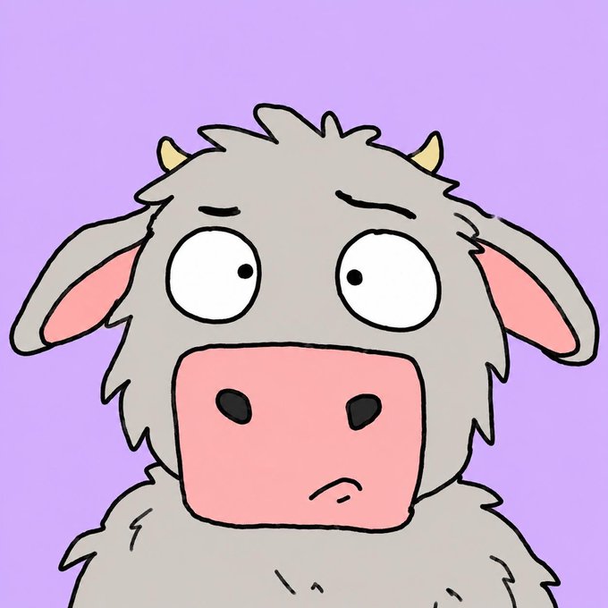 A cartoon illustration of a wide-eyed gray goat/cow with small horns looking surprised against a purple background.