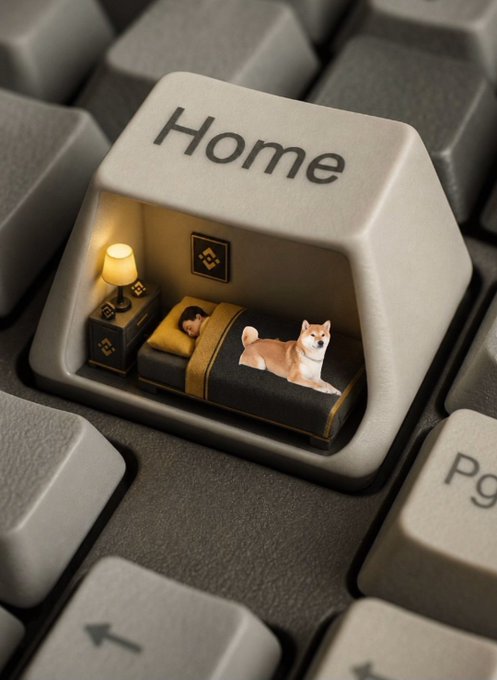 A creative 3D render shows a miniature bedroom scene built inside the 'Home' key of a white computer keyboard, featuring a small lamp, a sleeping person, and a Shiba Inu dog resting on the bed.