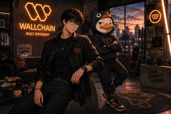 ers of a Wallchain built-different character, dressed in black and wearing glasses, stand with a penguin mascot against a city skyline backdrop.