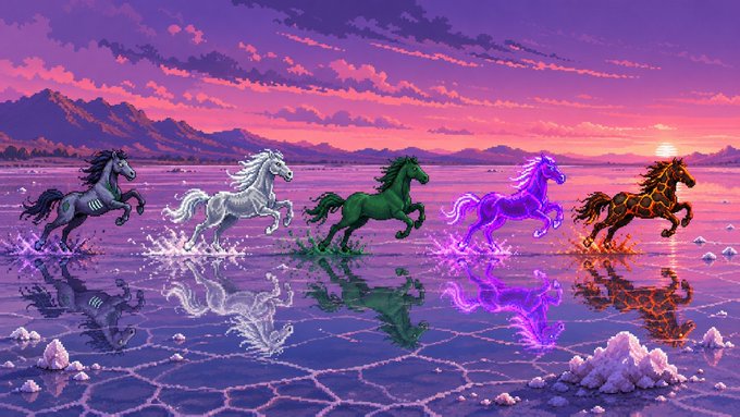A pixel art illustration of five horses of different colors (zebra, white, green, purple, giraffe-patterned) galloping across a reflective salt flat at sunset.
