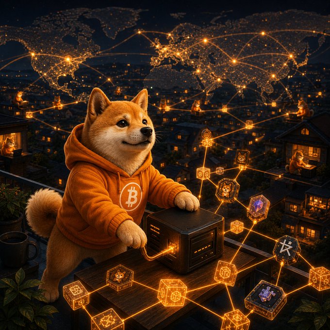 A digital artwork of a Shiba Inu dog wearing an orange Bitcoin hoodie operating a glowing device on a rooftop, with a network of illuminated cryptocurrency cubes and a world map glowing in the night sky behind it.
