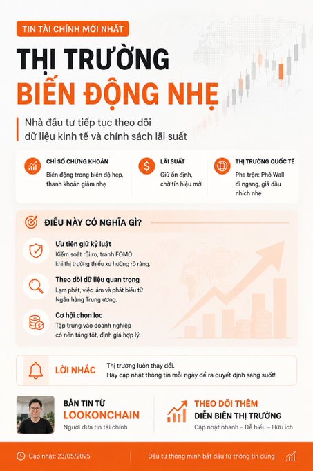 A Vietnamese financial infographic titled 'TIN TÀI CHÍNH MỚI NHẤT: THỊ TRƯỜNG BIẾN ĐỘNG NHẸ' dated 23/05/2025, detailing market conditions, interest rates, and international markets.