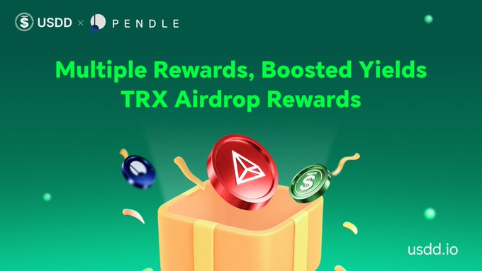 The image is a promotional banner for a collaboration between USDD and Pendle, featuring the text "Multiple Rewards, Boosted Yields TRX Airdrop Rewards" alongside illustrations of a gift box containing coins representing sUSDD and TRX, visually reinforcing the post's message about sUSDD's composability and yield tokenization on Pendle within TRON's DeFi ecosystem.
