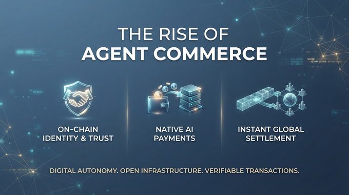 A promotional graphic titled 'THE RISE OF AGENT COMMERCE' featuring three icons labeled 'ON-CHAIN IDENTITY & TRUST', 'NATIVE AI PAYMENTS', and 'INSTANT GLOBAL SETTLEMENT', with the tagline 'DIGITAL AUTONOMY. OPEN INFRASTRUCTURE. VERIFIABLE TRANSACTIONS.'