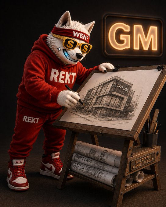 An AI-generated image of a husky dog character wearing a red tracksuit and headband, drawing architectural plans labeled 'REKT LABS' on an easel, with a neon 'GM' sign in the background.