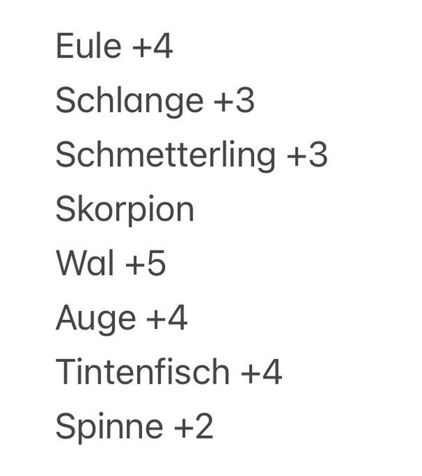 A list in German with animal and body part names and point values: Eule +4, Schlange +3, Schmetterling +3, Skorpion, Wal +5, Auge +4, Tintenfisch +4, Spinne +2.